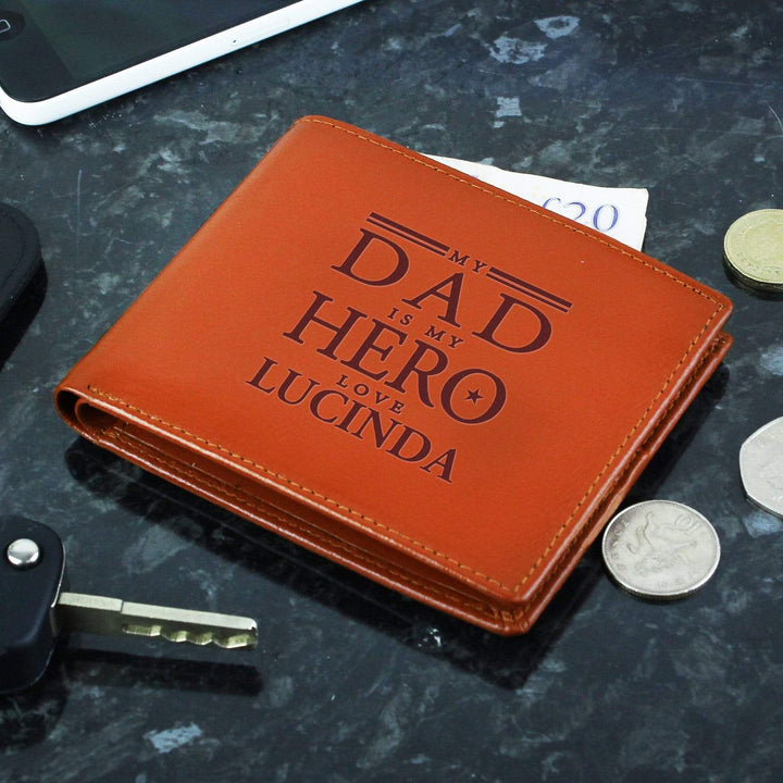 Personalised Memento Leather Personalised My Dad is My Hero Tan Leather Wallet