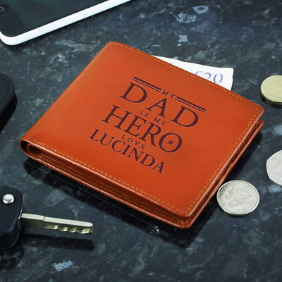 Personalised Memento Leather Personalised My Dad is My Hero Tan Leather Wallet
