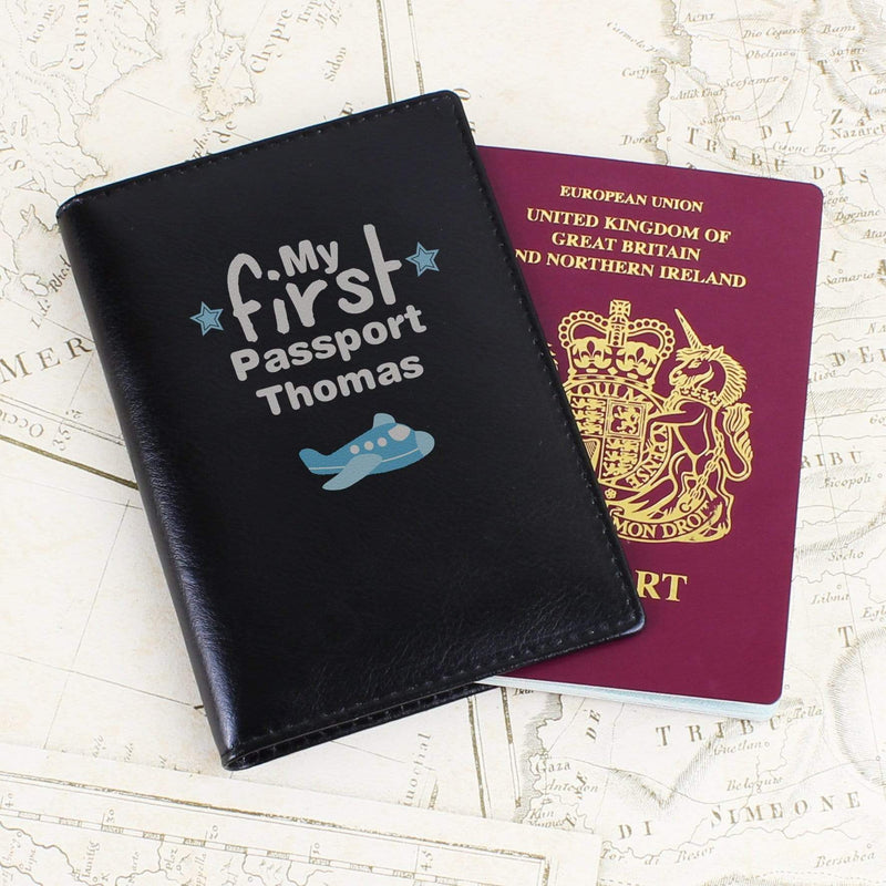 Personalised Memento Leather Personalised My First Black Passport Holder