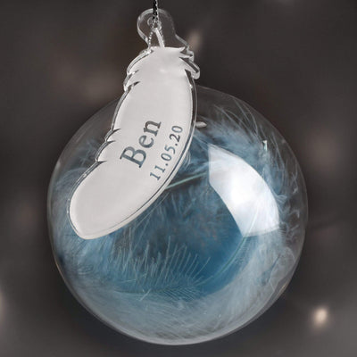 Personalised Memento Hanging Decorations & Signs Personalised Name & Date Blue Feather Glass Bauble