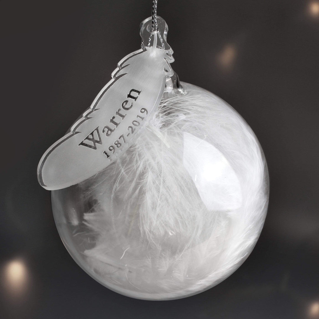 Personalised Memento Hanging Decorations &amp; Signs Personalised Name &amp; Date Feather Glass Bauble