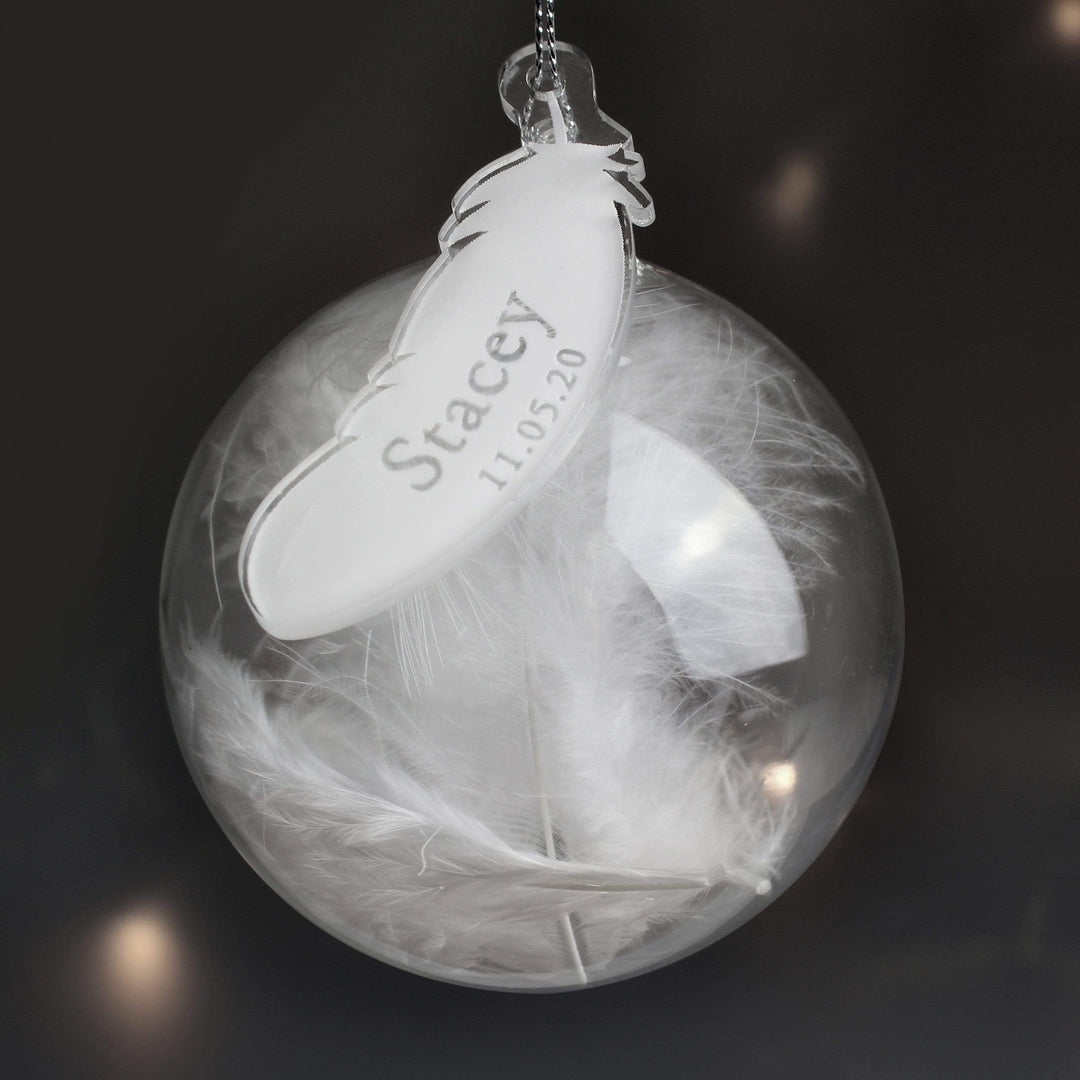 Personalised Memento Hanging Decorations &amp; Signs Personalised Name &amp; Date Feather Glass Bauble