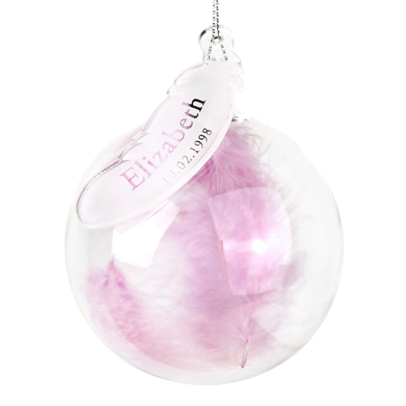 Personalised Memento Hanging Decorations & Signs Personalised Name & Date Pink Feather Glass Bauble