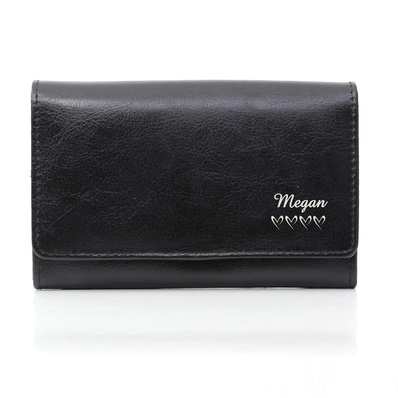 Personalised Memento Leather Personalised Name & Hearts Black Leather Purse
