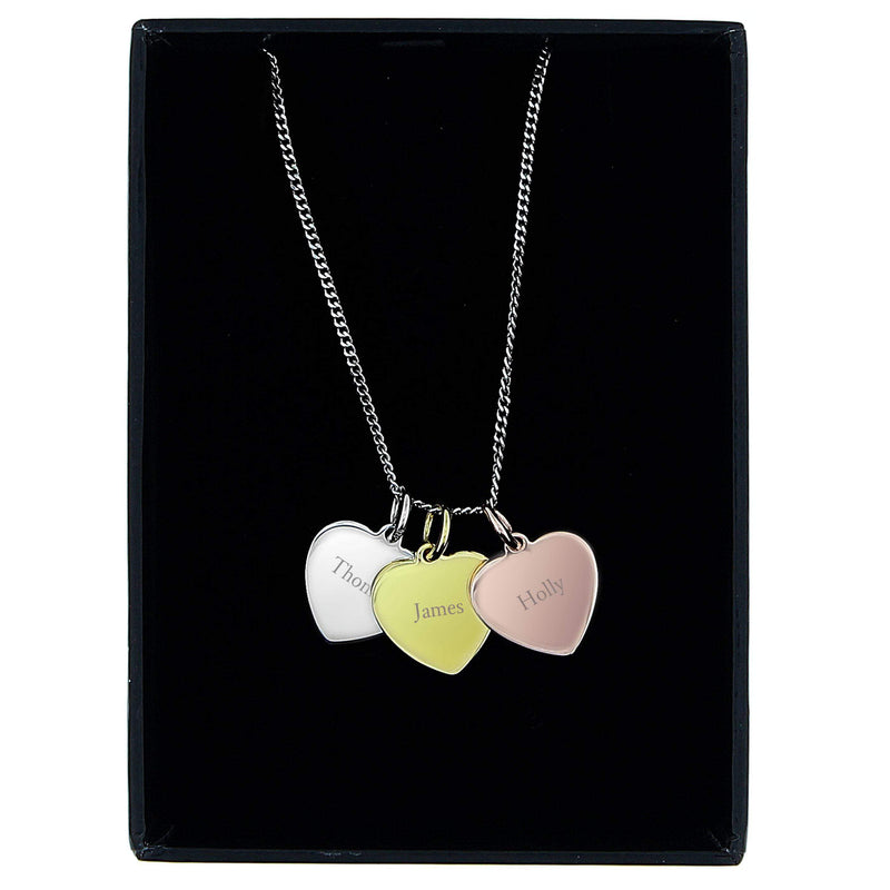 Personalised Memento Personalised Names Gold Rose Gold and Silver 3 Hearts Necklace