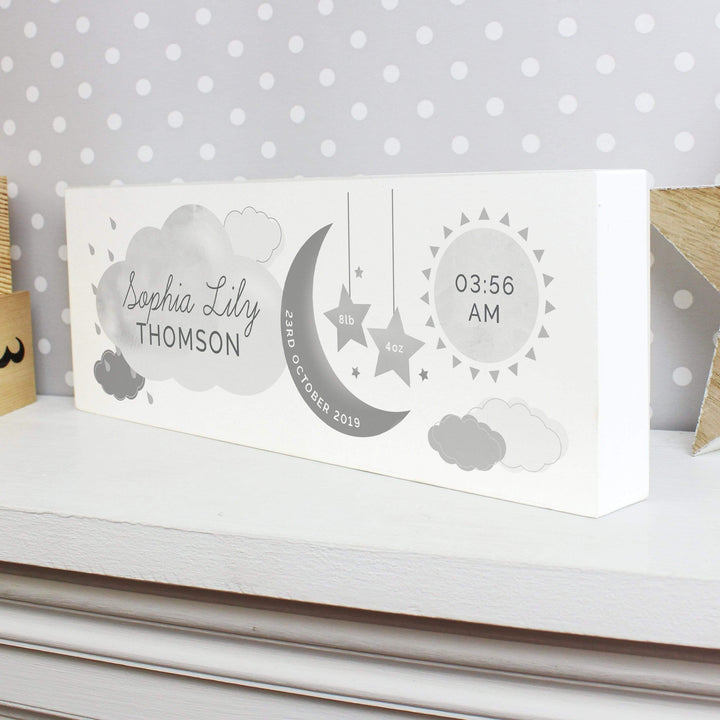 Personalised Memento Wooden Personalised New Baby Moon &amp; Stars Wooden Block Nursery Sign