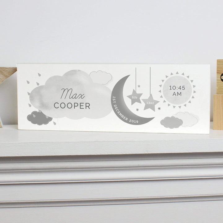 Personalised Memento Wooden Personalised New Baby Moon &amp; Stars Wooden Block Nursery Sign
