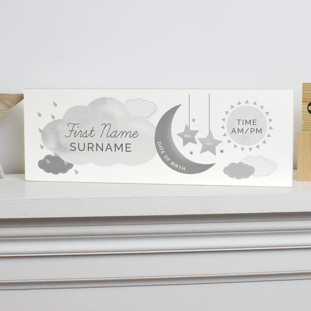 Personalised Memento Wooden Personalised New Baby Moon &amp; Stars Wooden Block Nursery Sign