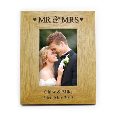 Personalised Memento Photo Frames, Albums and Guestbooks Personalised Oak Finish 4x6 Mr & Mrs Photo Frame
