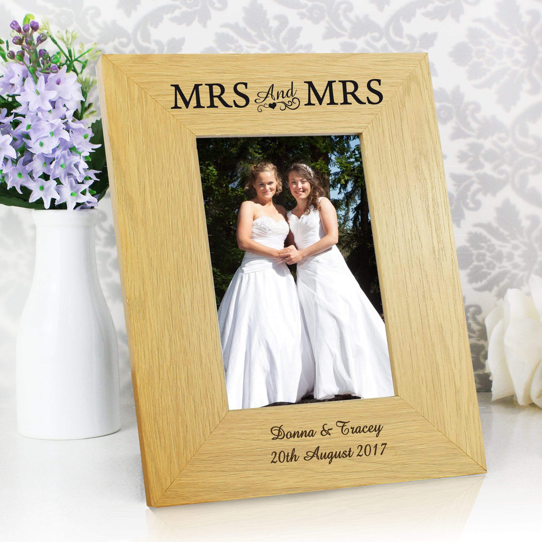 Personalised Memento Wooden Personalised Oak Finish 4x6 Mrs &amp; Mrs Photo Frame