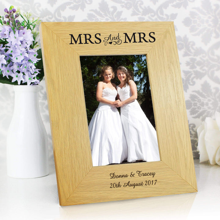 Personalised Memento Wooden Personalised Oak Finish 4x6 Mrs &amp; Mrs Photo Frame