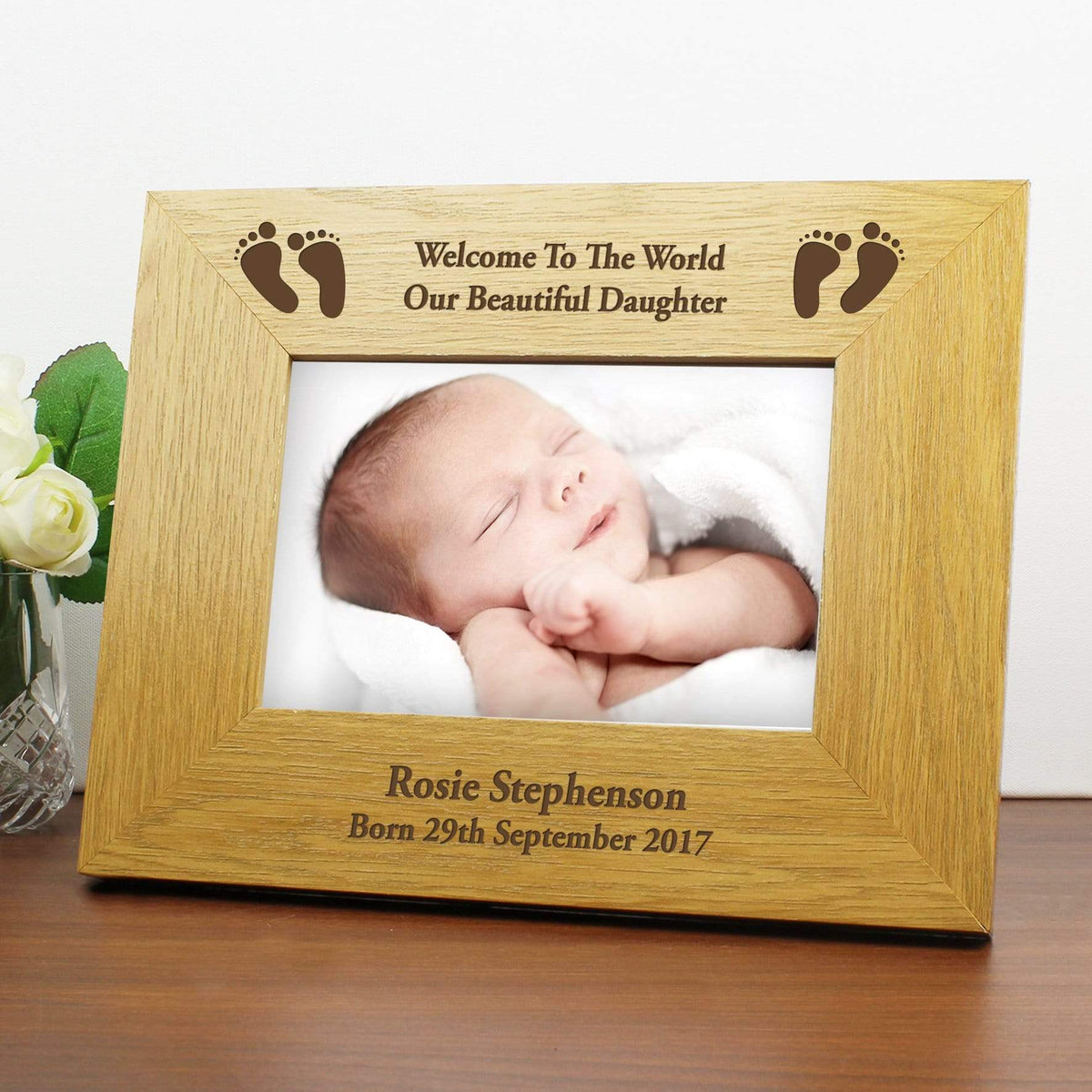 Personalised Memento Wooden Personalised Oak Finish 6x4 Landscape Baby Footprints Photo Frame