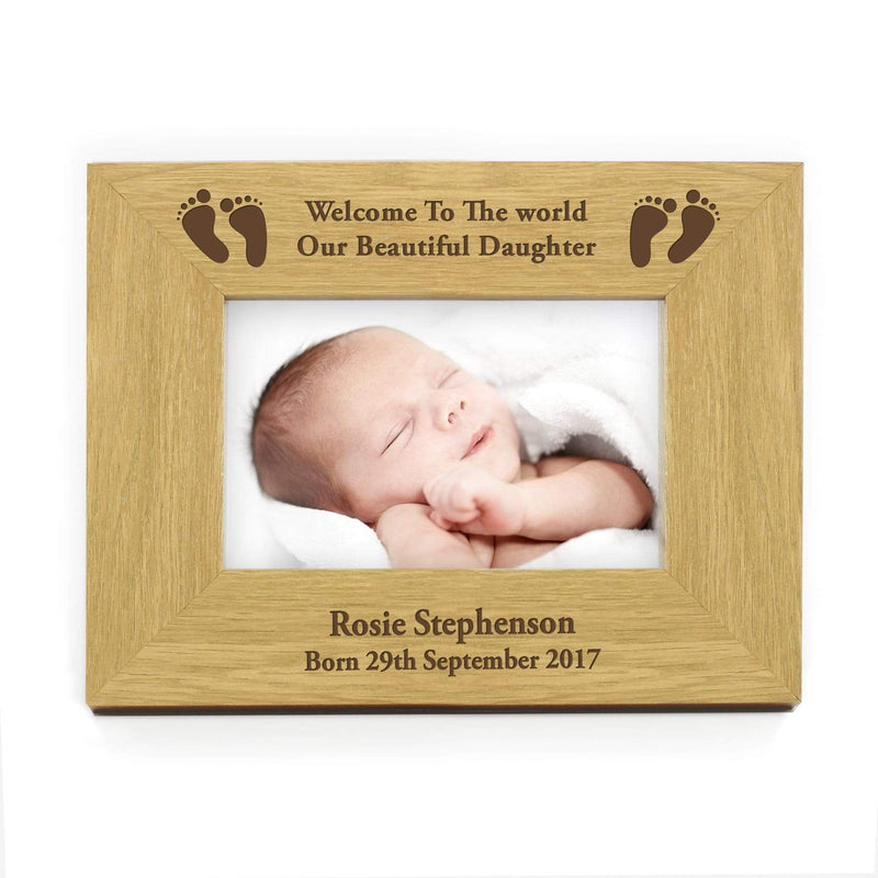 Personalised Memento Wooden Personalised Oak Finish 6x4 Landscape Baby Footprints Photo Frame