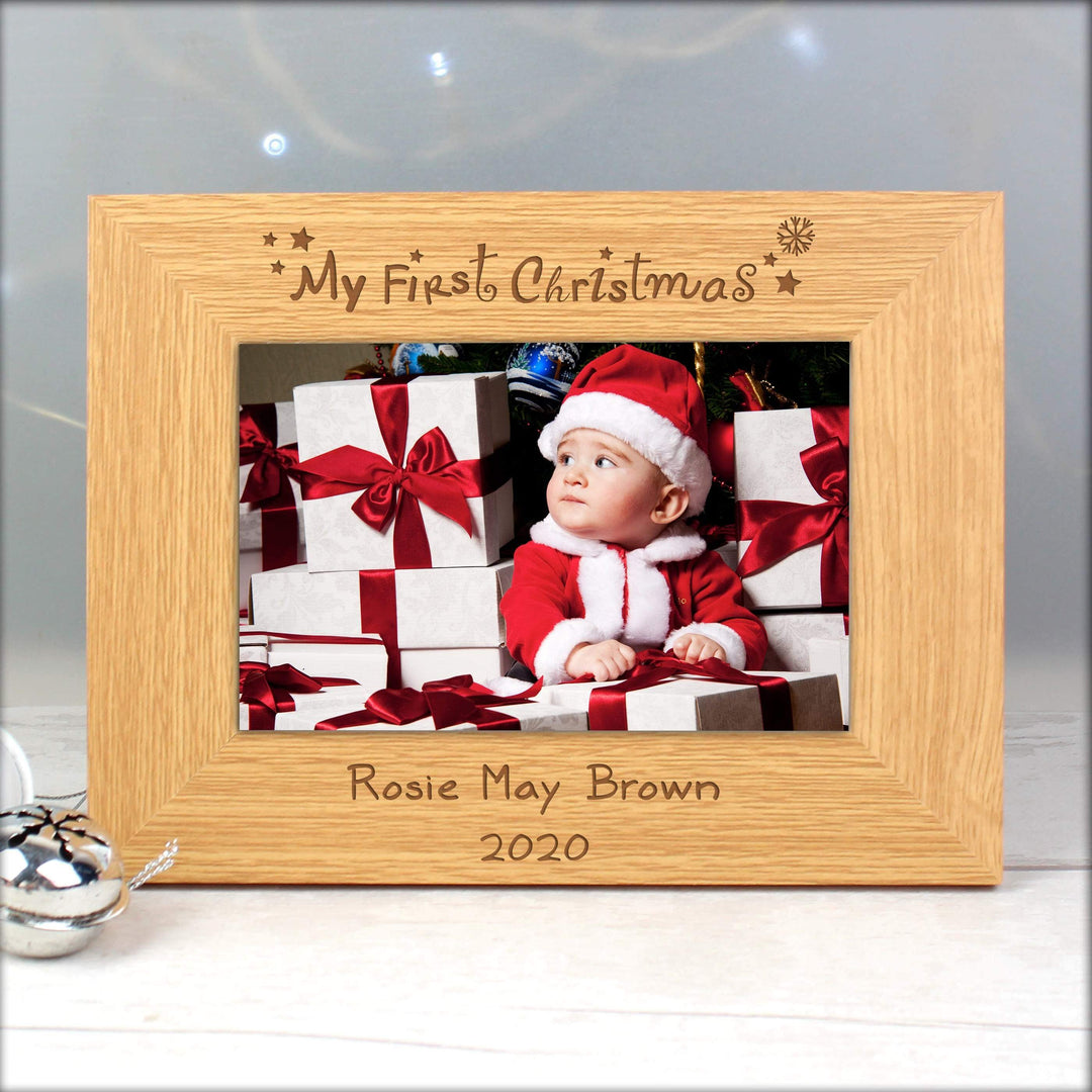 Personalised Memento Wooden Personalised Oak Finish 6x4 My First Christmas Photo Frame