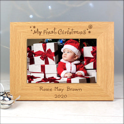 Personalised Memento Wooden Personalised Oak Finish 6x4 My First Christmas Photo Frame