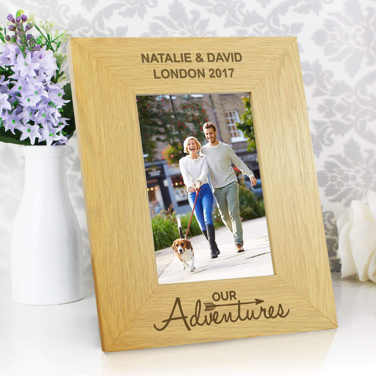 Personalised Memento Wooden Personalised Our Adventures 4x6 Oak Finish Photo Frame