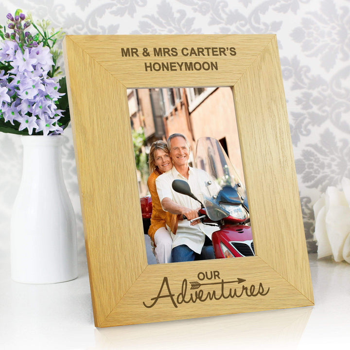 Personalised Memento Wooden Personalised Our Adventures 4x6 Oak Finish Photo Frame