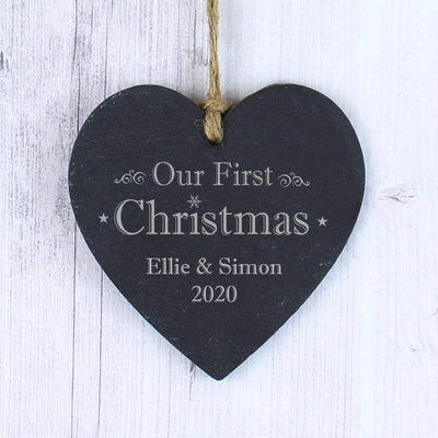 Personalised Memento Slate Personalised Our First Christmas Slate Heart Decoration