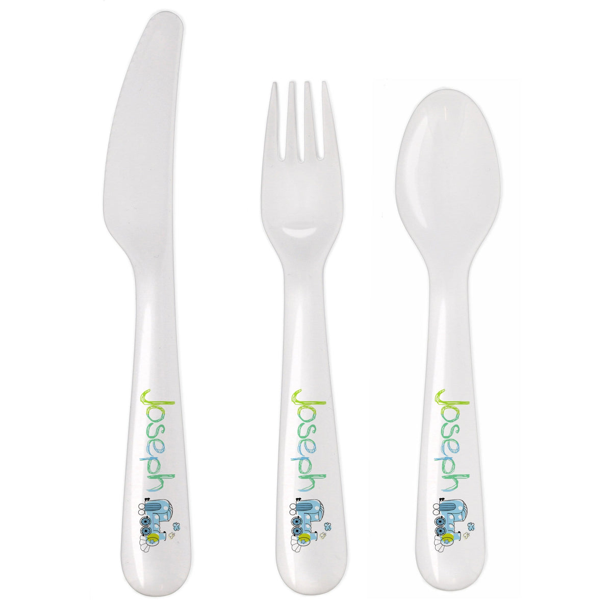Personalised Memento Mealtime Essentials Personalised Patchwork Train 3 Piece Plastic Cutlery Set