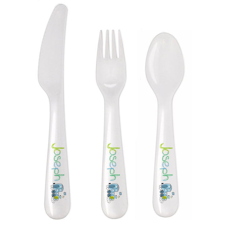 Personalised Memento Mealtime Essentials Personalised Patchwork Train 3 Piece Plastic Cutlery Set