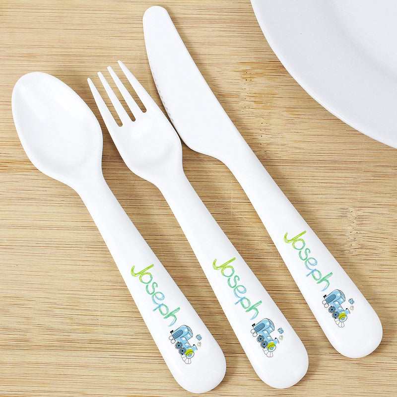 Personalised Memento Mealtime Essentials Personalised Patchwork Train 3 Piece Plastic Cutlery Set