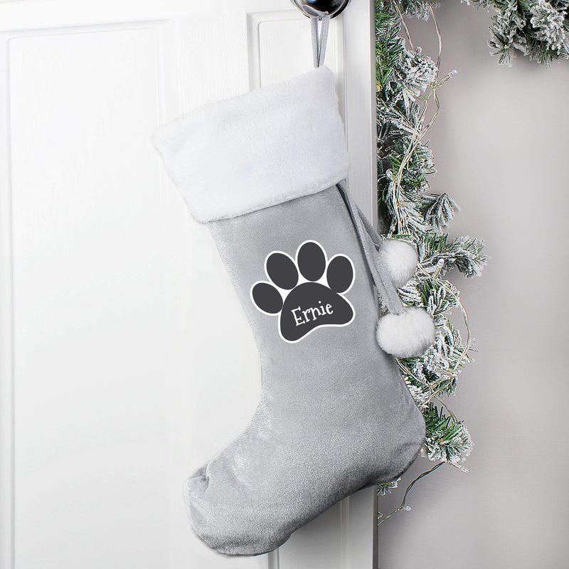 Personalised Memento Personalised Paw Print Silver Grey Stocking