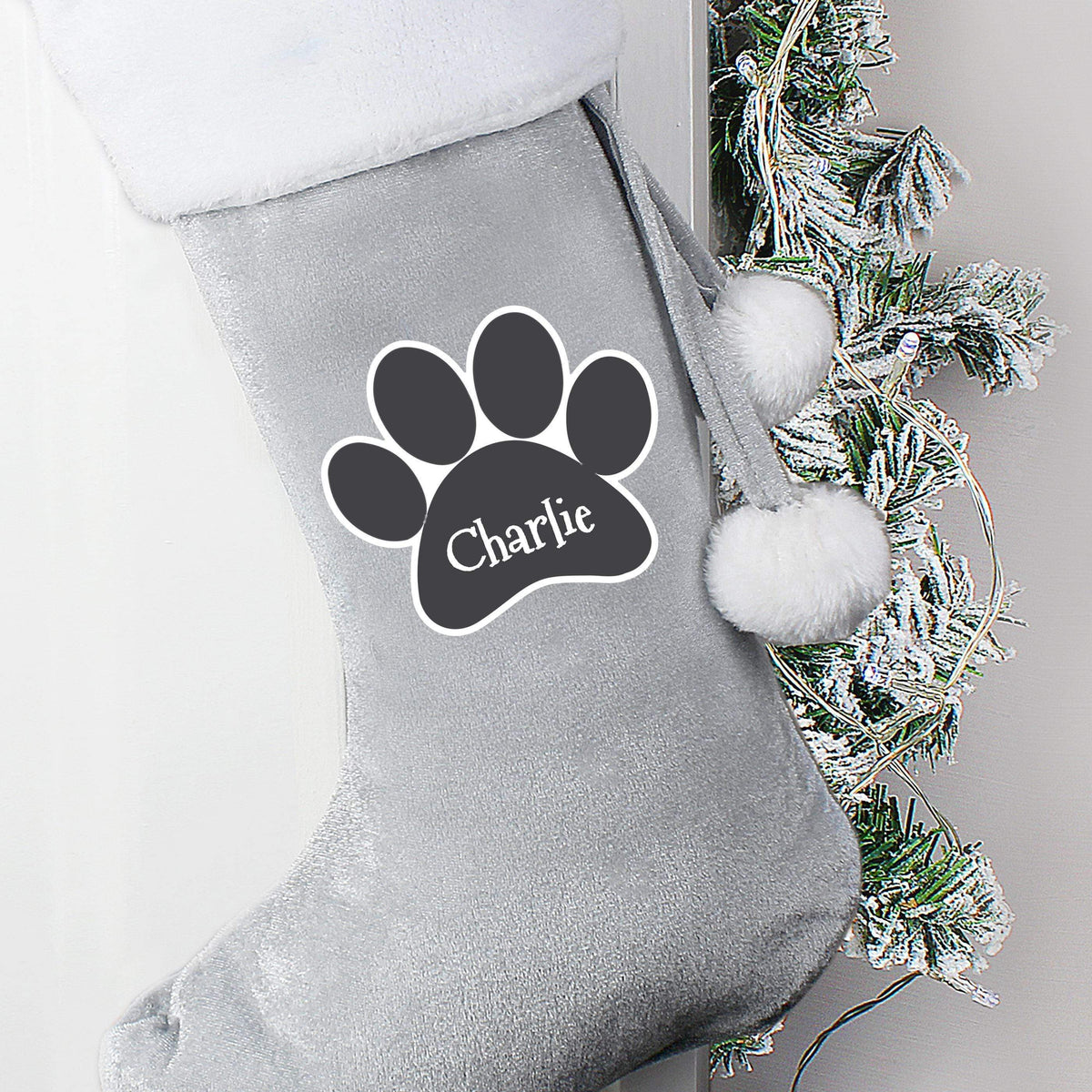 Personalised Memento Personalised Paw Print Silver Grey Stocking