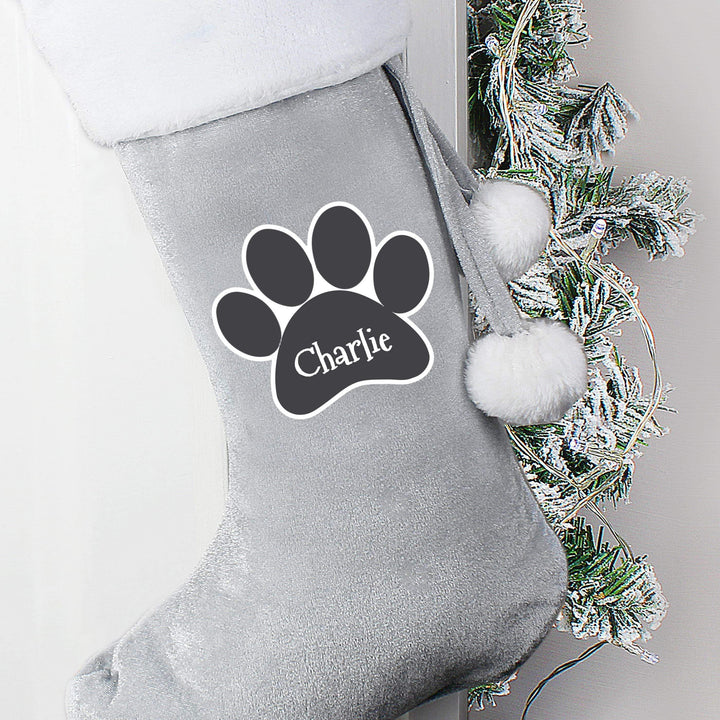 Personalised Memento Personalised Paw Print Silver Grey Stocking