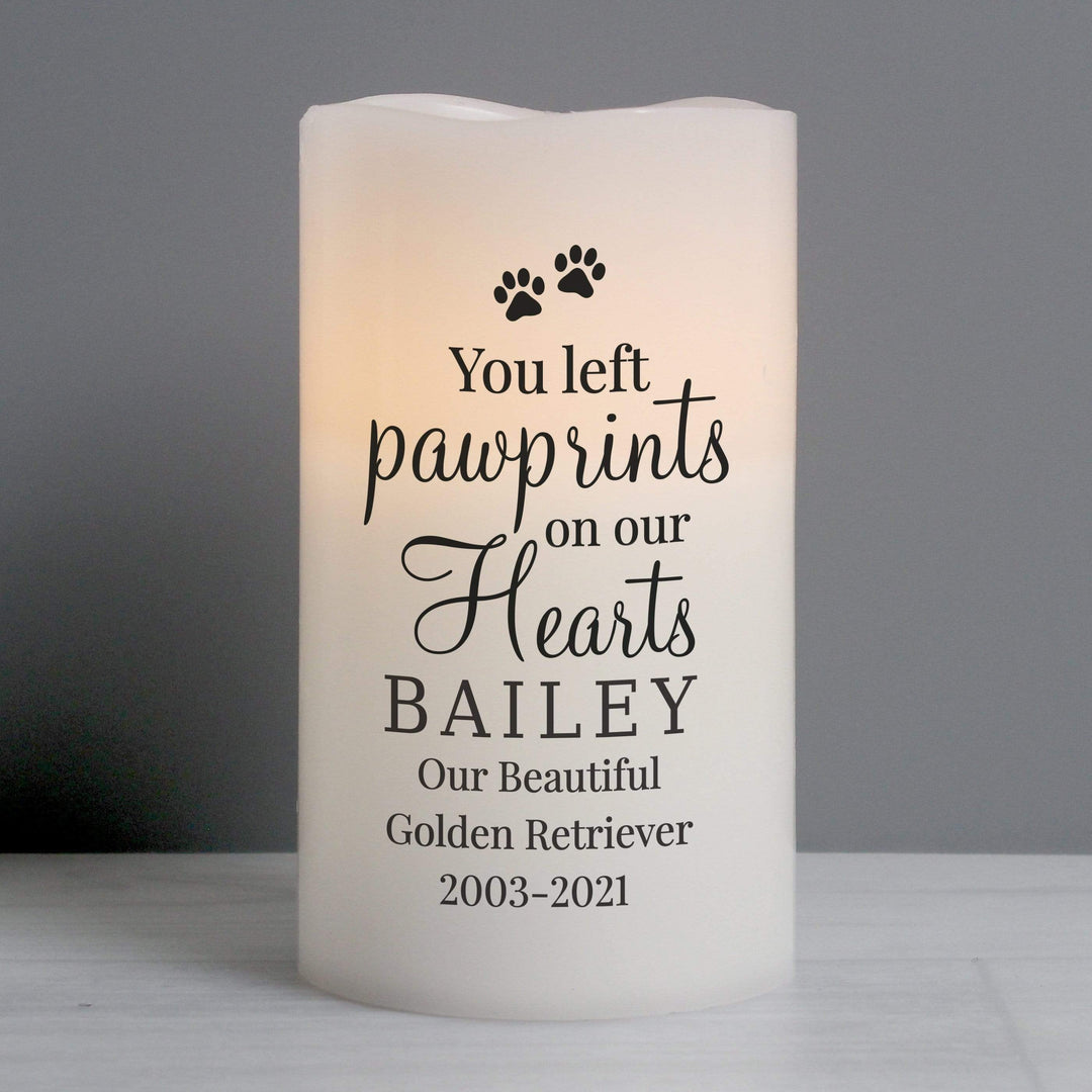 Personalised Memento LED Lights, Candles &amp; Decorations Personalised Pawprints On Our Hearts LED Candle