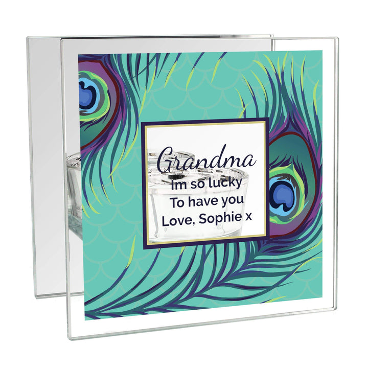 Personalised Memento Candles &amp; Reed Diffusers Personalised Peacock Mirrored Glass Tea Light Candle Holder