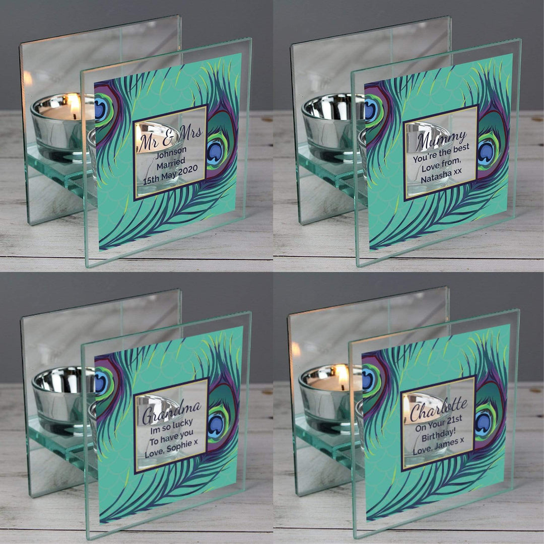 Personalised Memento Candles &amp; Reed Diffusers Personalised Peacock Mirrored Glass Tea Light Candle Holder
