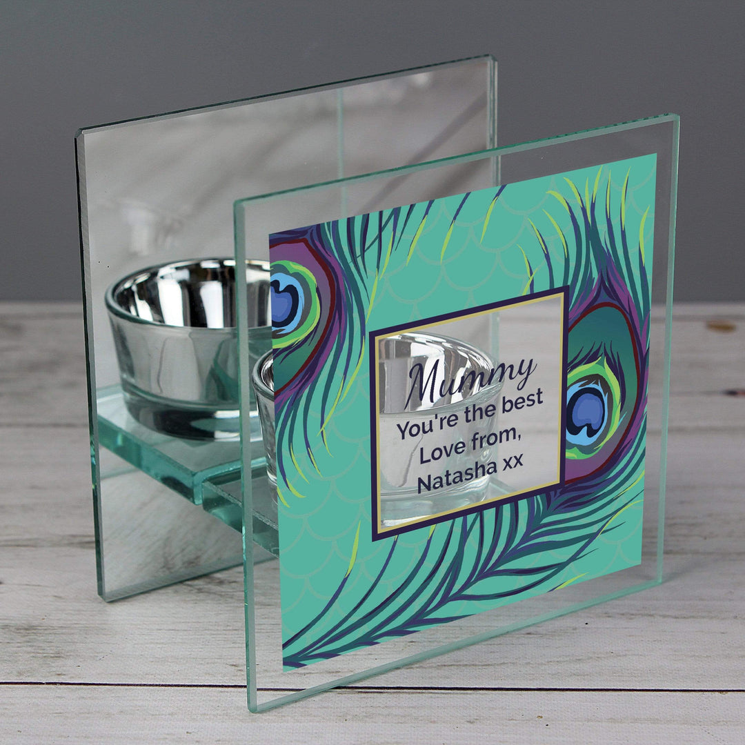 Personalised Memento Candles &amp; Reed Diffusers Personalised Peacock Mirrored Glass Tea Light Candle Holder