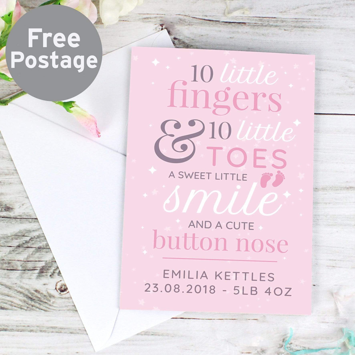 Personalised Memento Greetings Cards Personalised '10 Little Fingers' Pink Baby Card