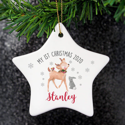 Personalised Memento Christmas Decorations Personalised 1st Christmas Festive Fawn Ceramic Star Decoration
