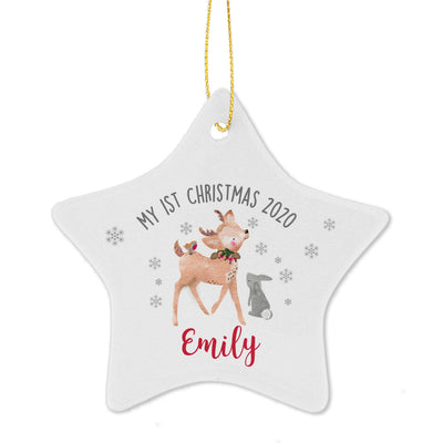 Personalised Memento Christmas Decorations Personalised 1st Christmas Festive Fawn Ceramic Star Decoration