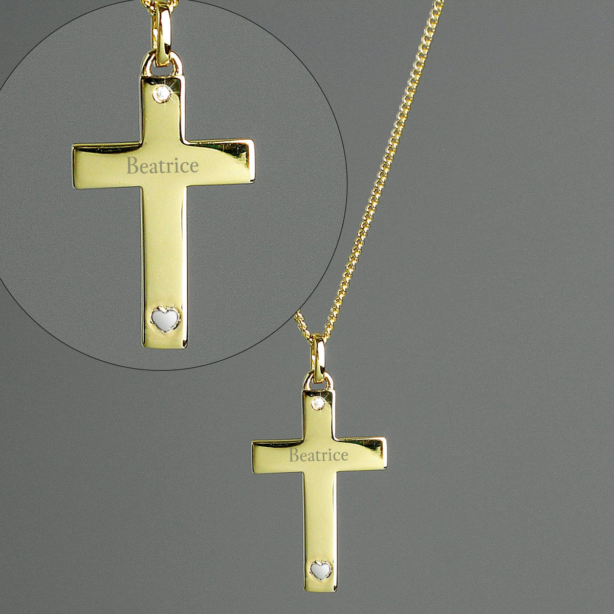 Personalised Memento Jewellery Personalised 9ct Gold Cross with Sterling Silver Heart & CZ Necklace