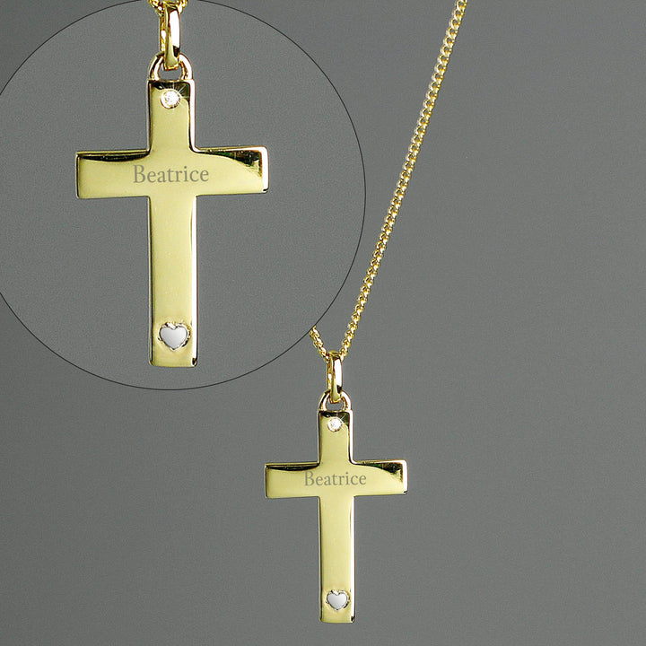 Personalised Memento Jewellery Personalised 9ct Gold Cross with Sterling Silver Heart &amp; CZ Necklace