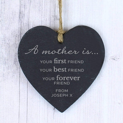 Personalised Memento Slate Personalised 'A Mother Is' Slate Heart Decoration