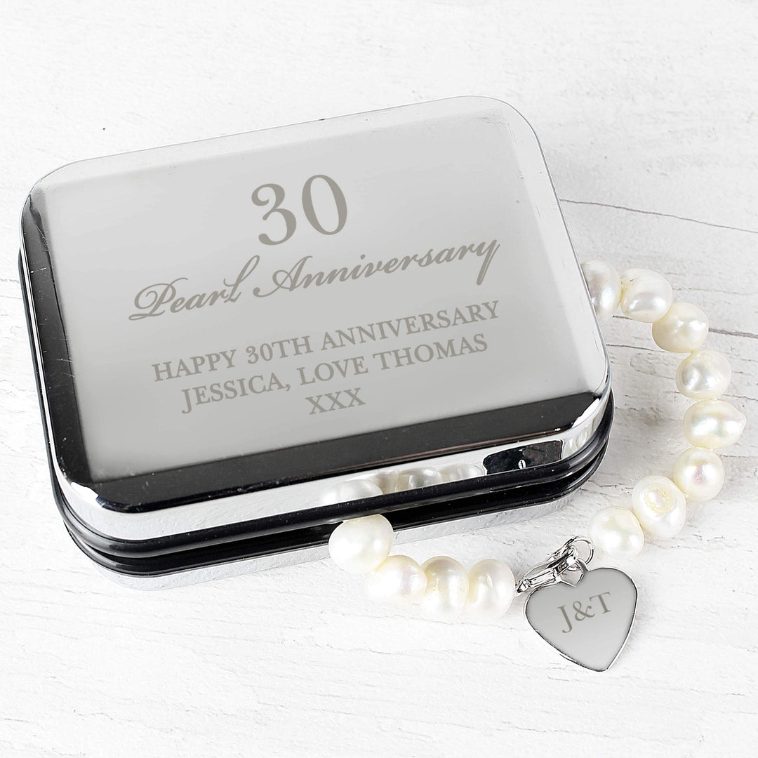 Personalised Memento Trinket, Jewellery &amp; Keepsake Boxes Personalised Anniversary Silver Box and Pearl Bracelet