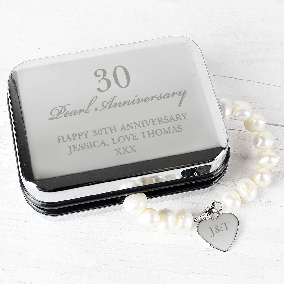 Personalised Memento Trinket, Jewellery & Keepsake Boxes Personalised Anniversary Silver Box and Pearl Bracelet