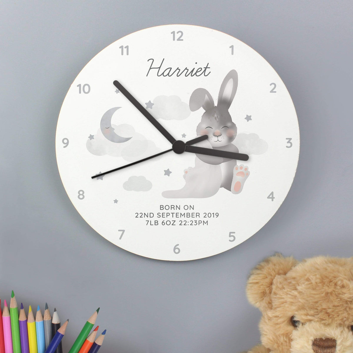 Personalised Memento Clocks & Watches Personalised Baby Bunny White Wooden Clock