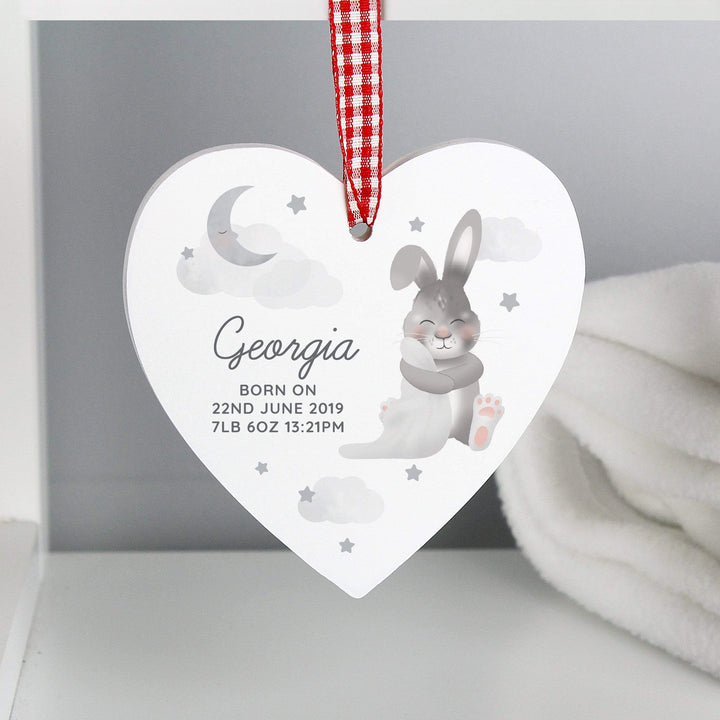 Personalised Memento Wooden Personalised Baby Bunny Wooden Heart Decoration