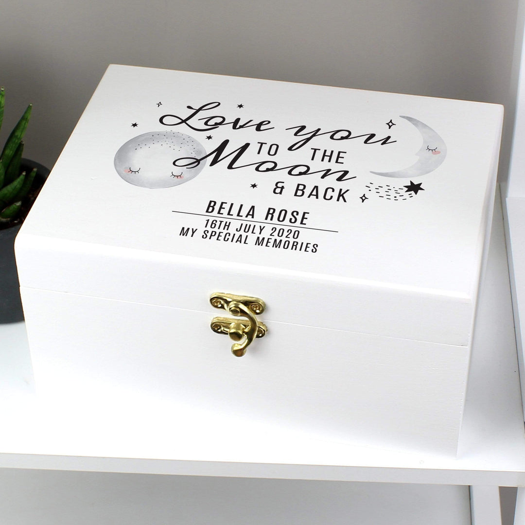 Personalised Memento Storage Personalised Baby To The Moon and Back White Wooden Keepsake Box