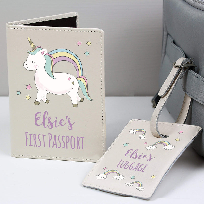 Personalised Memento Leather Personalised Baby Unicorn Cream Passport Holder & Luggage Tag Set