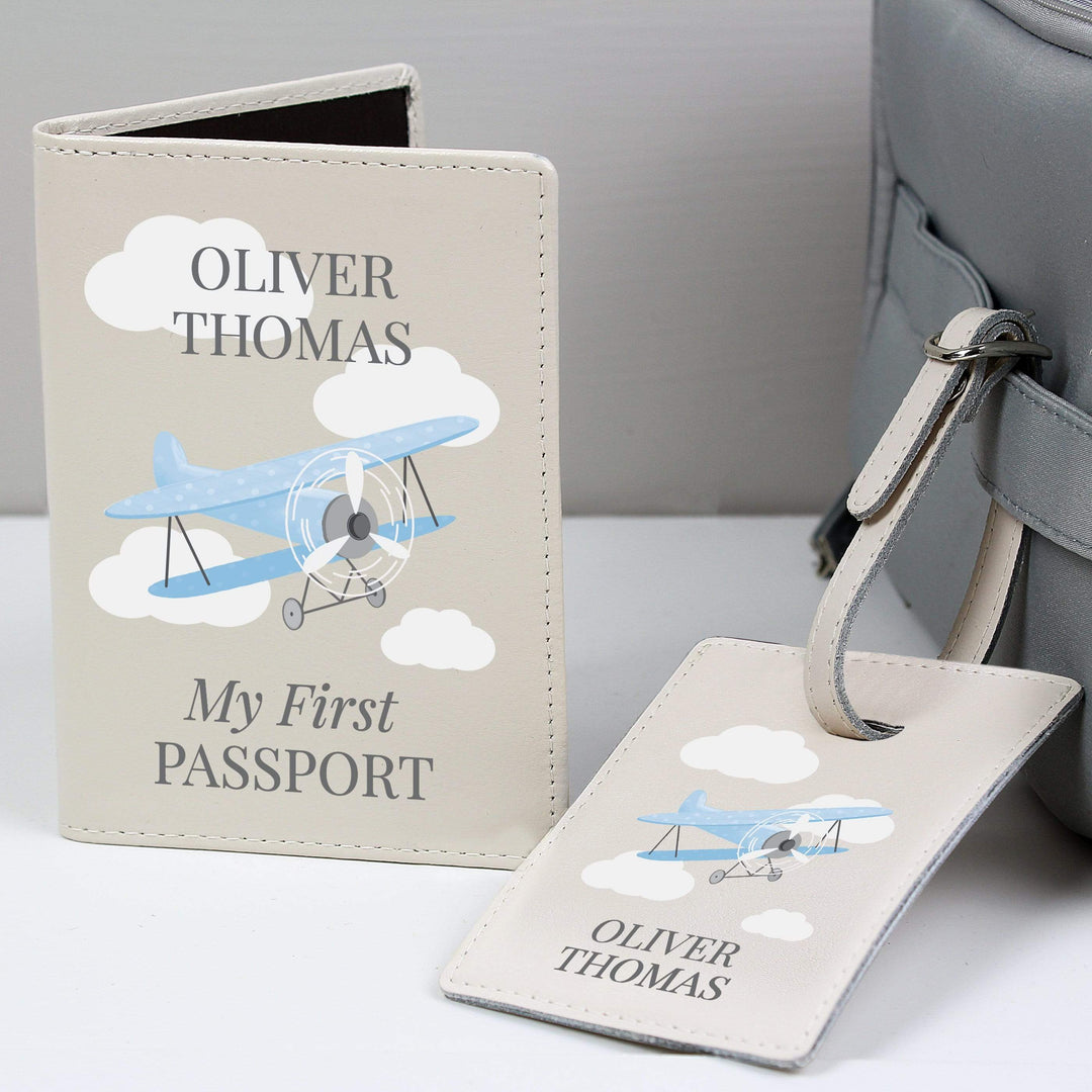 Personalised Memento Leather Personalised Blue Plane Passport Holder &amp; Luggage Tag Set