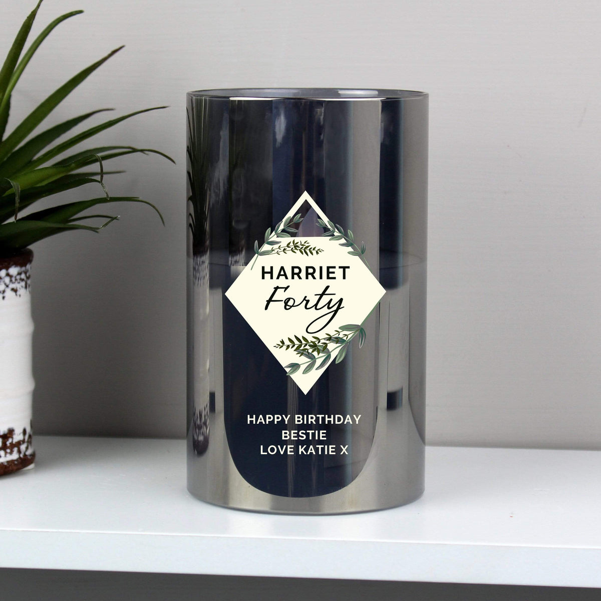 Personalised Memento LED Lights, Candles & Decorations Personalised Botanical Smoked Glass LED Candle