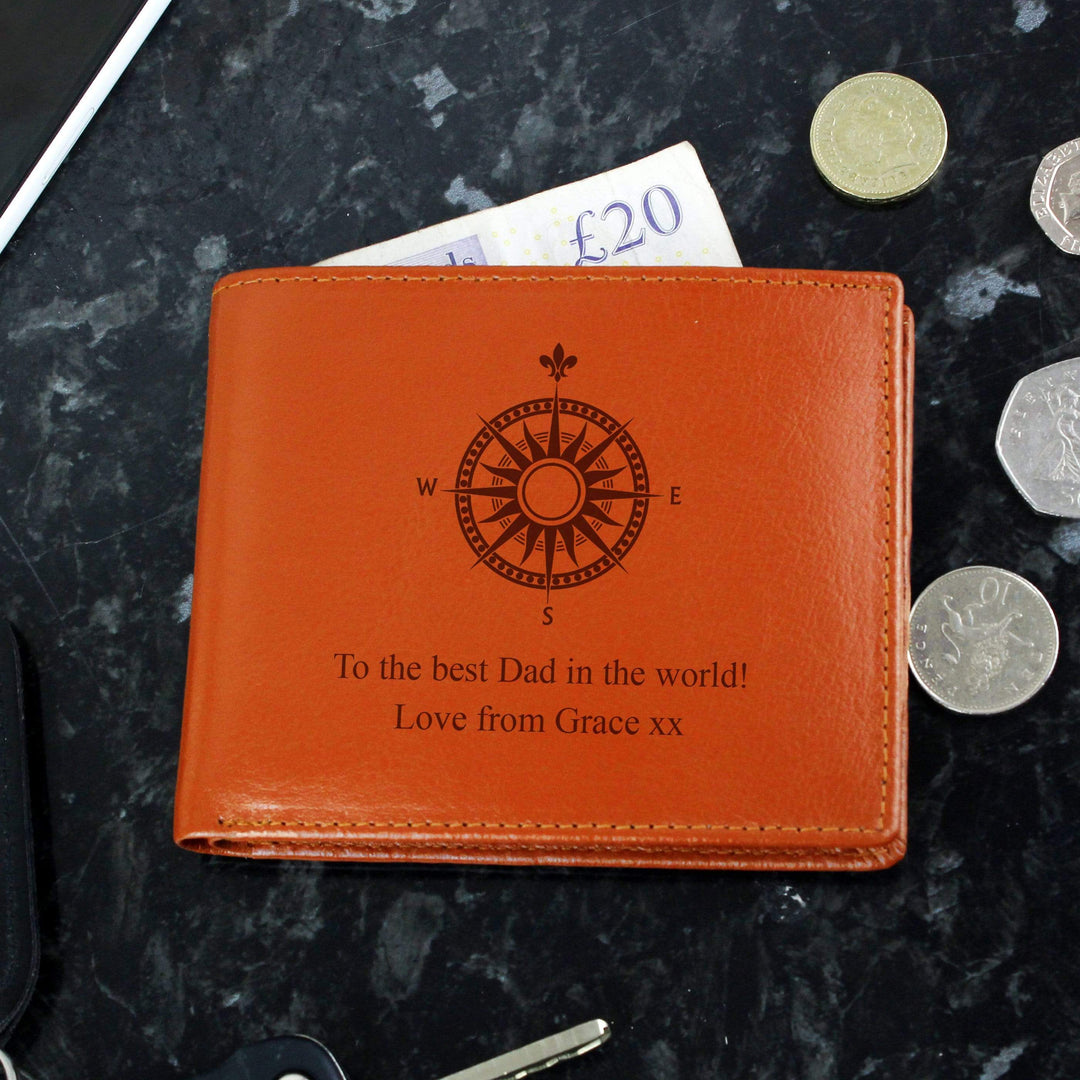 Personalised Memento Leather Personalised Compass Tan Leather Wallet