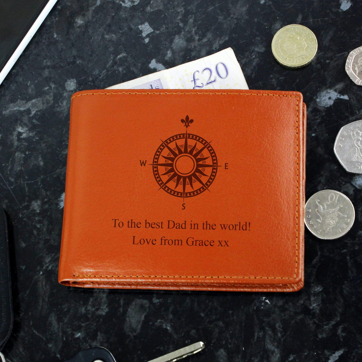 Personalised Memento Leather Personalised Compass Tan Leather Wallet