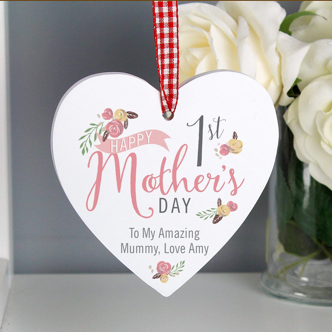 Personalised Memento Hanging Decorations &amp; Signs Personalised Floral Bouquet 1st Mothers Day Wooden Heart Decoration