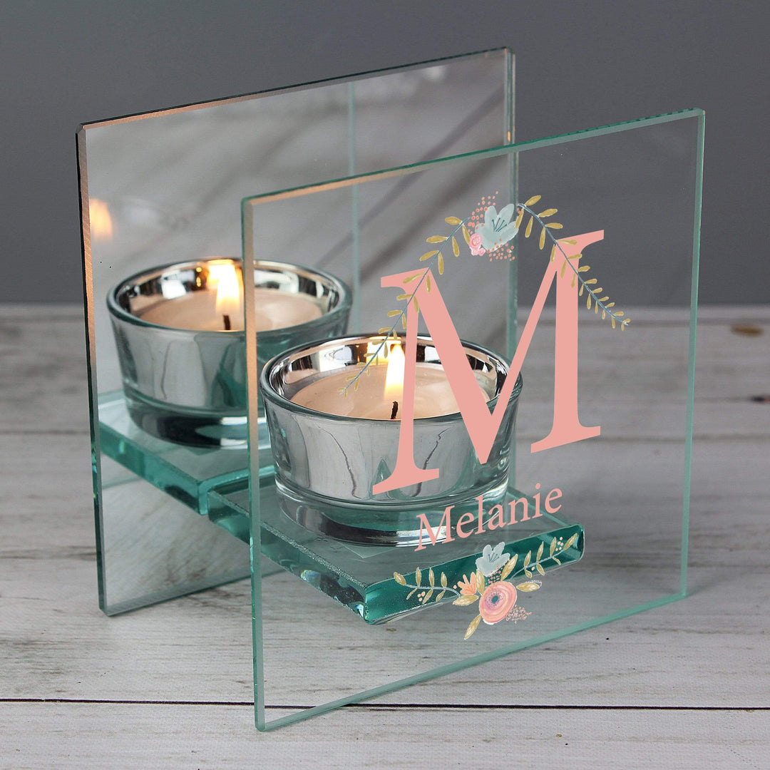 Personalised Memento Candles &amp; Reed Diffusers Personalised Floral Bouquet Mirrored Glass Tea Light Candle Holder